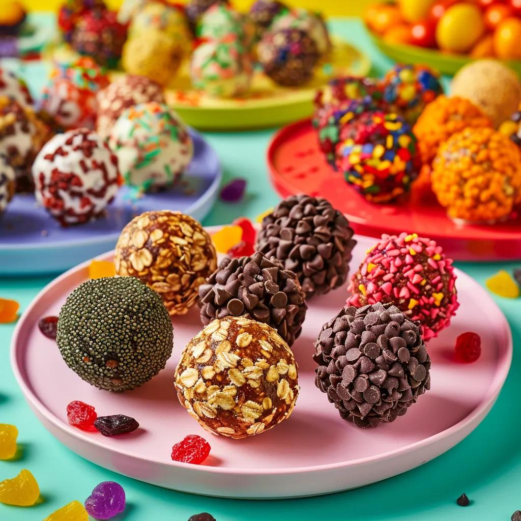 Colorful customized honey oat energy balls with chocolate chips and dried fruits on a bright background