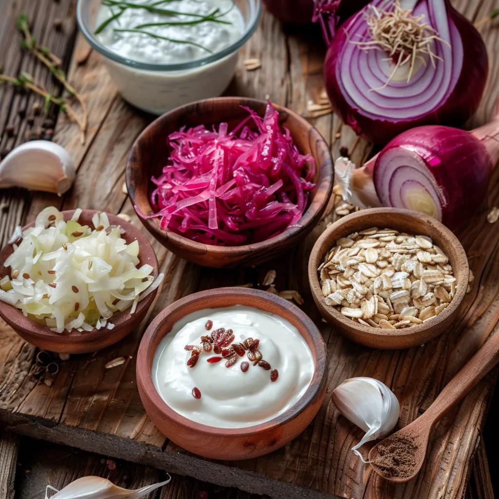 Colorful arrangement of gut-friendly foods including yogurt, sauerkraut, oats, garlic, and onions