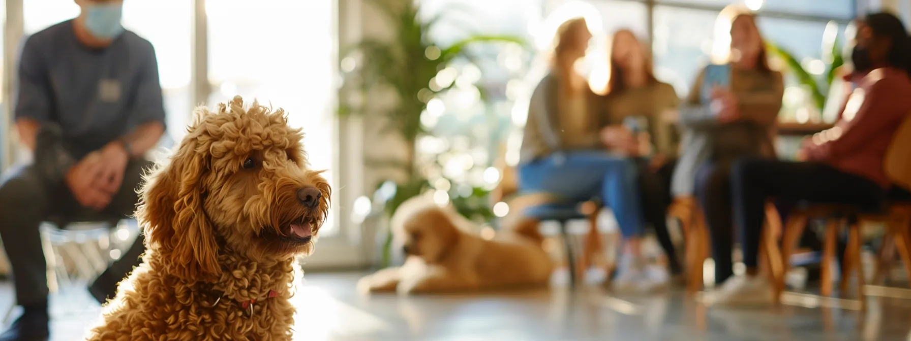 A community gathering of Goldendoodle breeders and veterinarians in a bright indoor space, with friendly dogs playing nearby and professionals engaged in conversation