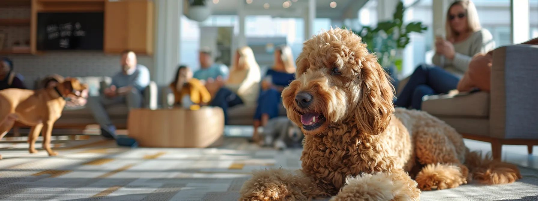 A community gathering of Goldendoodle breeders and veterinarians in a bright indoor space, with friendly dogs playing nearby and professionals engaged in conversation