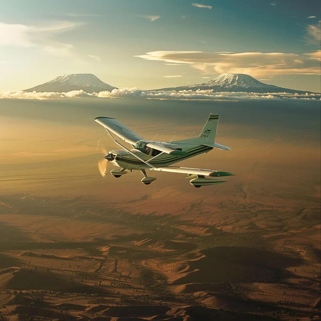 Aircraft flying over the landscape with Mount Kilimanjaro in the background, illustrating scenic flight routes to Amboseli for safari adventures.