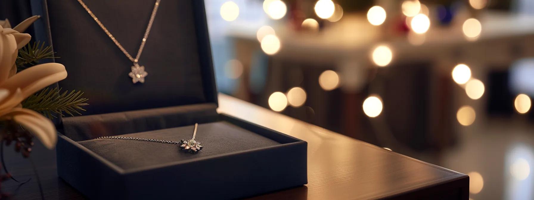 a beautifully arranged gift box featuring a trendy statement necklace, elegantly displayed on a sleek, modern office desk bathed in warm ambient lighting, emphasizing the thoughtful presentation and emotional significance of the gift.