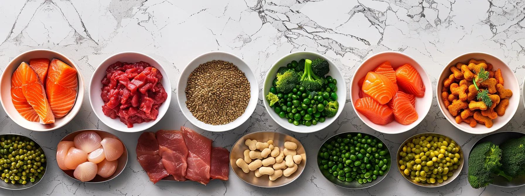 a beautifully arranged minimalist kitchen countertop displays bowls filled with high-quality grain-free wet dog food ingredients, showcasing vibrant colors of real meats like salmon and turkey, alongside wholesome vegetables such as sweet potatoes and peas, all under bright, modern studio lighting that enhances the nutritional appeal. a beautifully arranged minimalist kitchen countertop displays bowls filled with high-quality grain-free wet dog food ingredients, showcasing vibrant colors of real meats like salmon and turkey, alongside wholesome vegetables such as sweet potatoes and peas, all under bright, modern studio lighting that enhances the nutritional appeal.
