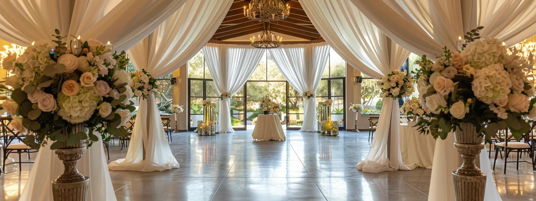 a beautifully decorated indoor wedding venue features elegant floral arrangements, soft lighting, and a stunning archway, creating a romantic atmosphere for a dream celebration.