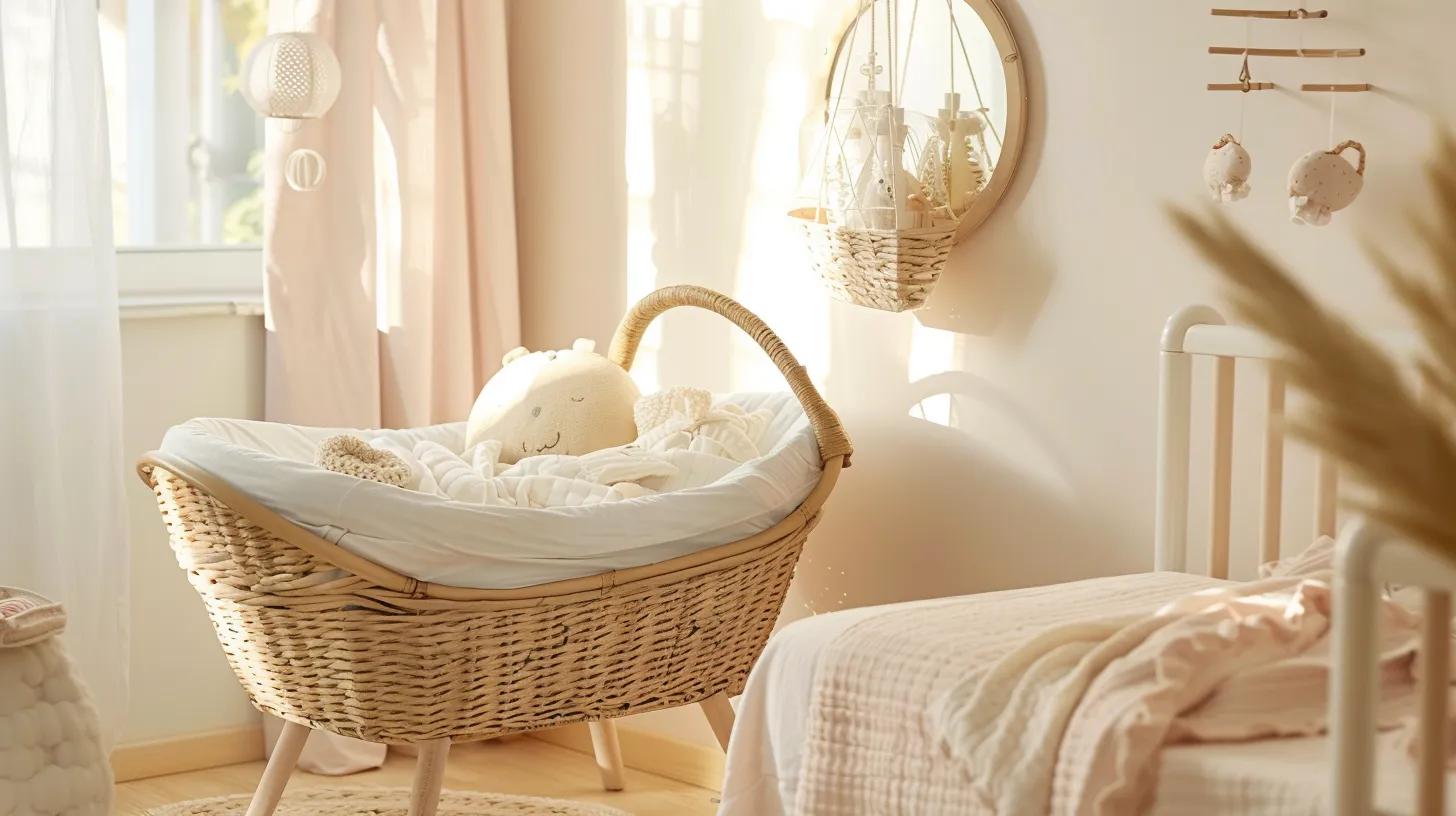 a beautifully styled interior nursery featuring a thoughtfully arranged moses basket surrounded by soft pastel decor, accentuating a tranquil atmosphere that promotes restful sleep for an infant.