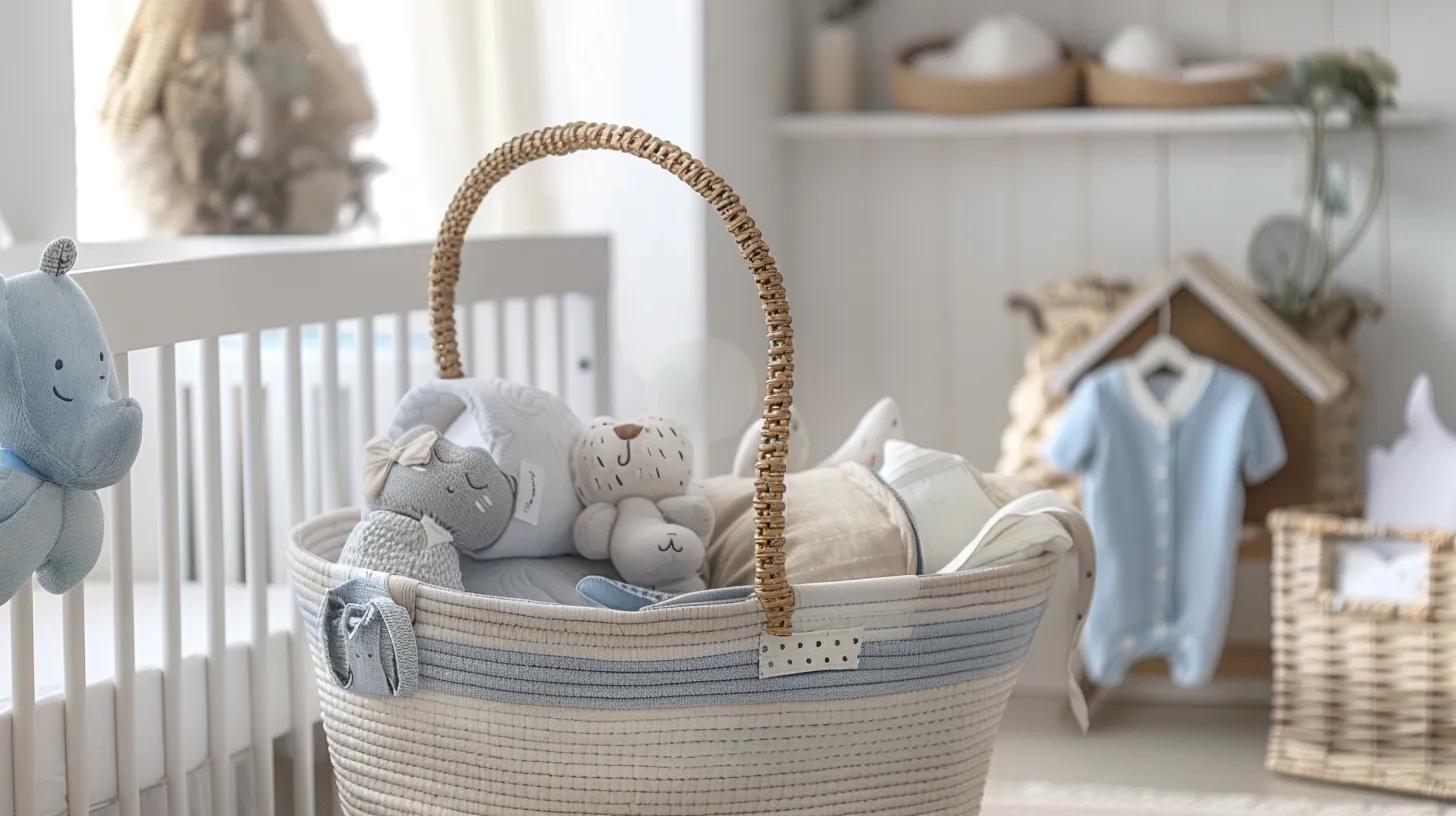 a beautifully styled nursery showcases a personalised moses basket, adorned with chic, handcrafted decorations in soft pastel colours, set against a contemporary and soothing indoor backdrop.