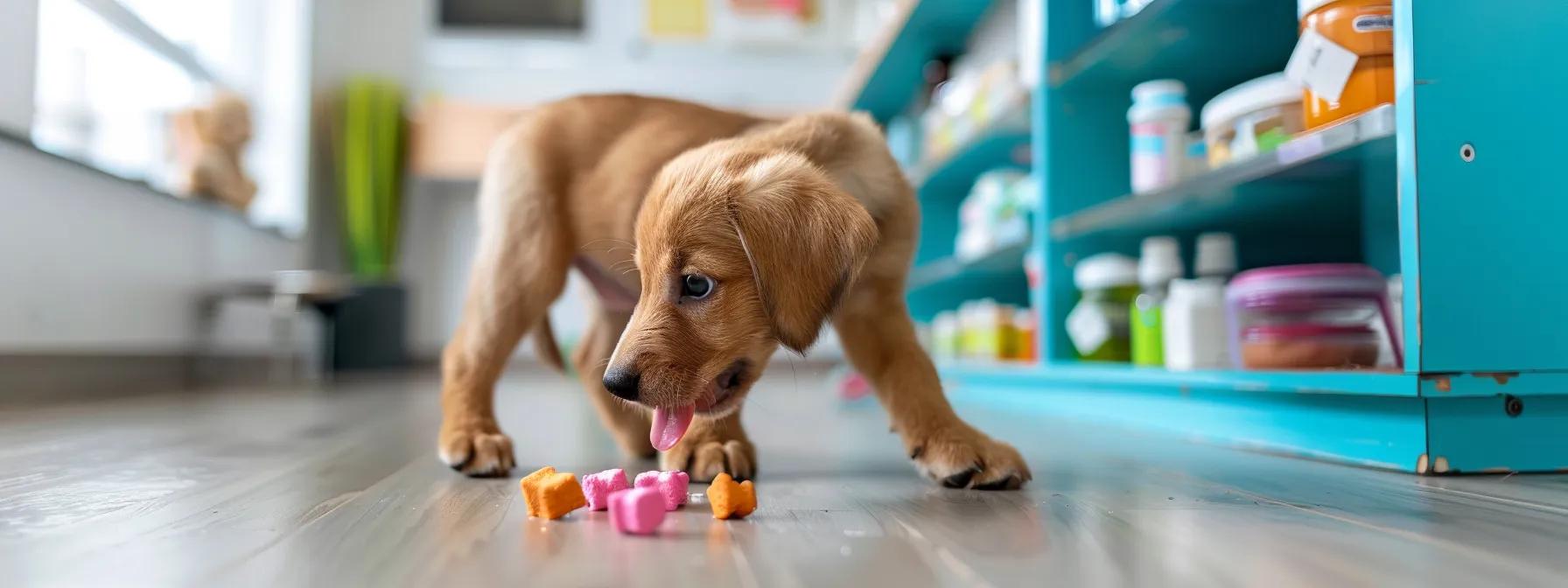 a bright and modern veterinary office setting displays a puppy eagerly chewing on a colorful dental treat, surrounded by dental care products, emphasizing an integrated approach to pet oral health. a bright and modern veterinary office setting displays a puppy eagerly chewing on a colorful dental treat, surrounded by dental care products, emphasizing an integrated approach to pet oral health.