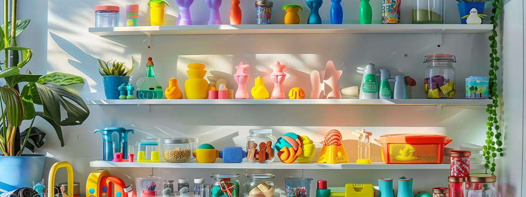 a bright, organized pet care workspace showcases various durable chew toys neatly arranged on a stylish shelf, with cleaning supplies and maintenance tools prominently displayed, emphasizing the importance of proper toy care and longevity.