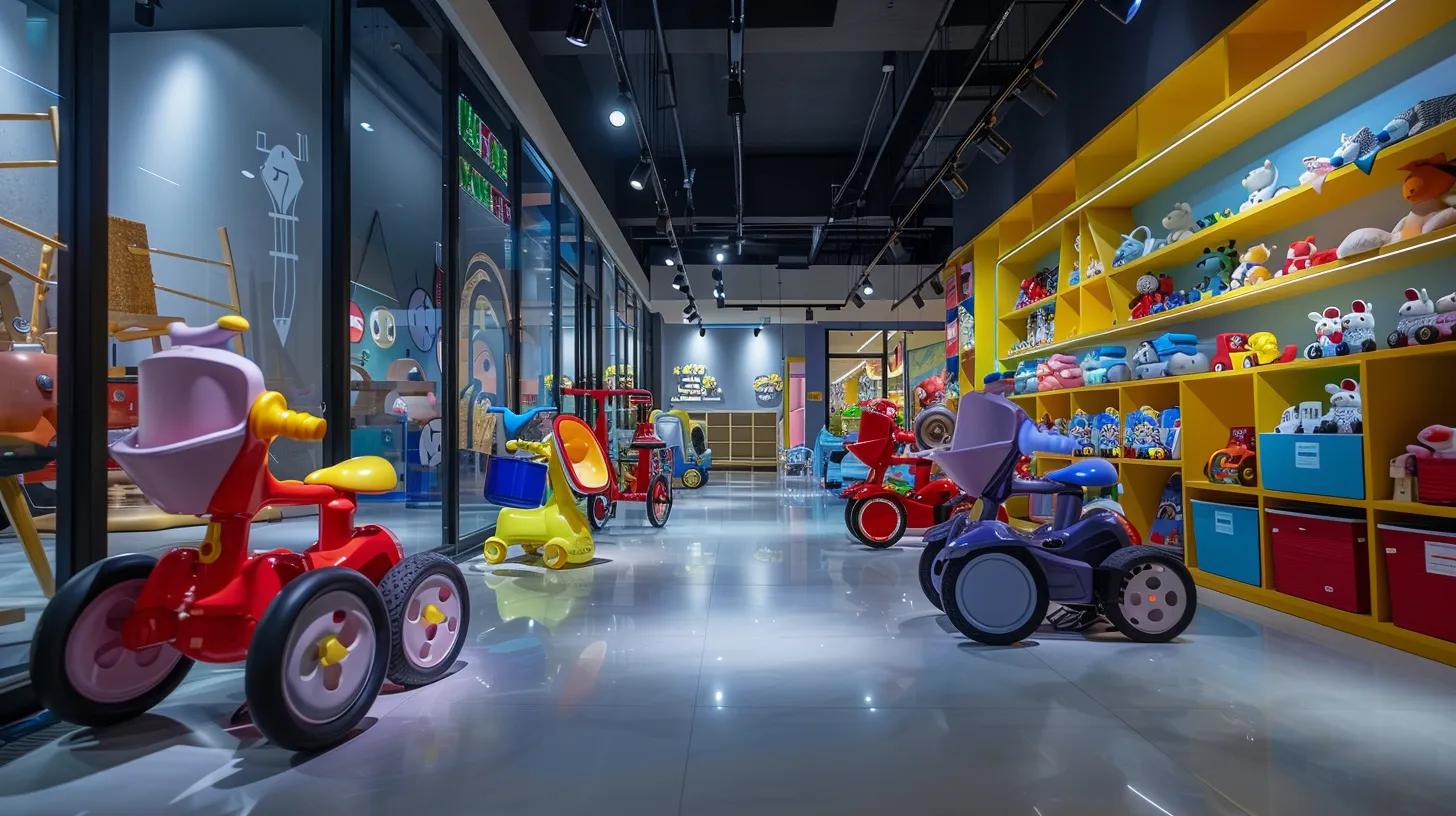 a brightly lit indoor showroom displays a range of vibrant baby trikes, each showcasing distinct safety features and ergonomic designs, capturing the essence of modern child mobility options.