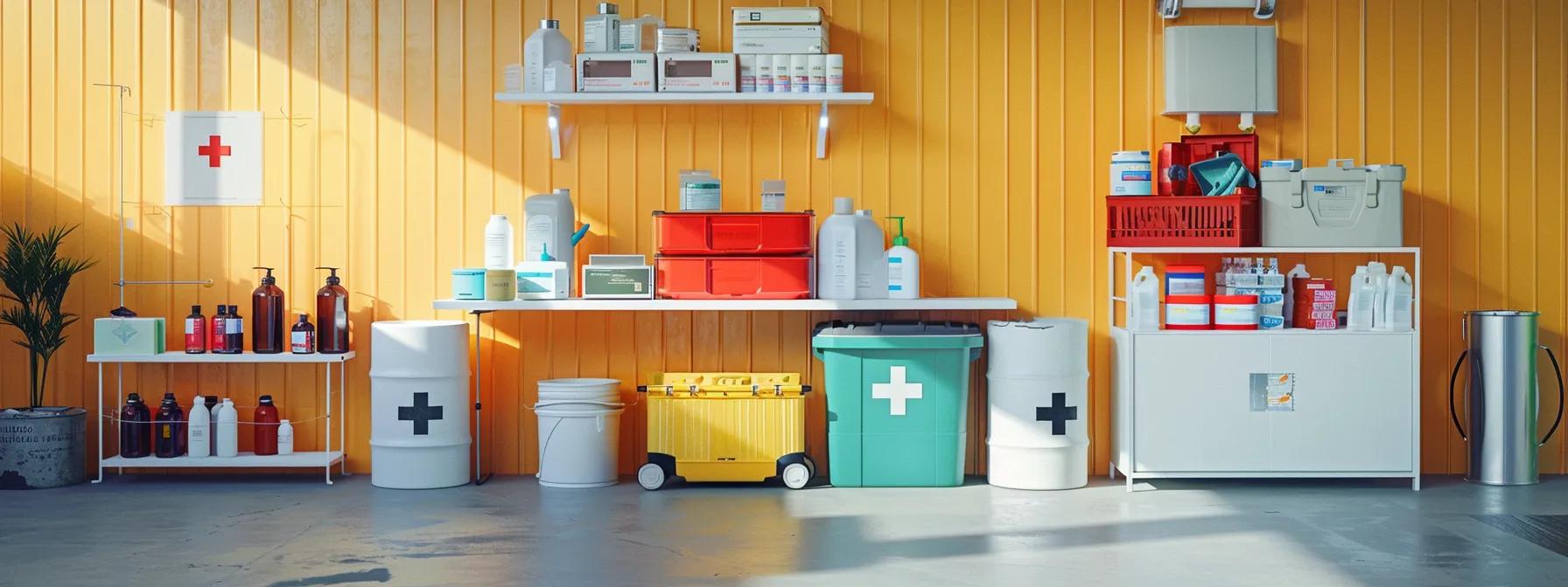 a brightly lit indoor first aid station showcases an organized setup with a comprehensive first aid kit prominently displayed, highlighting essential items like antiseptics and bandages, set against a clean, professional backdrop that evokes a sense of safety and readiness for tubing-related injuries.