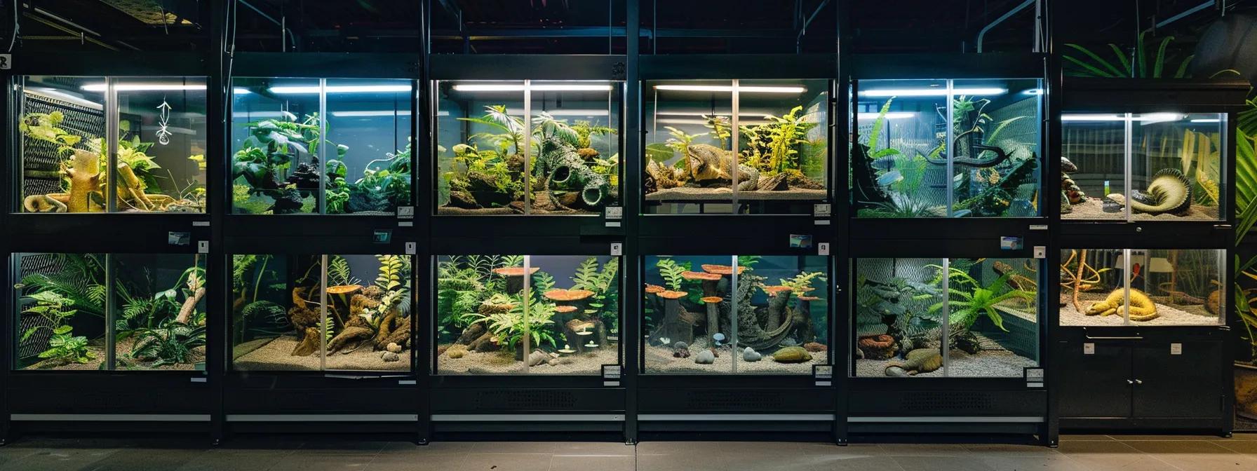 a brightly lit indoor reptile care setting showcases a range of temperature-controlled terrariums, each housing different reptiles that exhibit signs of health or distress, emphasizing the crucial importance of proper temperature regulation for their well-being. a brightly lit indoor reptile care setting showcases a range of temperature-controlled terrariums, each housing different reptiles that exhibit signs of health or distress, emphasizing the crucial importance of proper temperature regulation for their well-being.