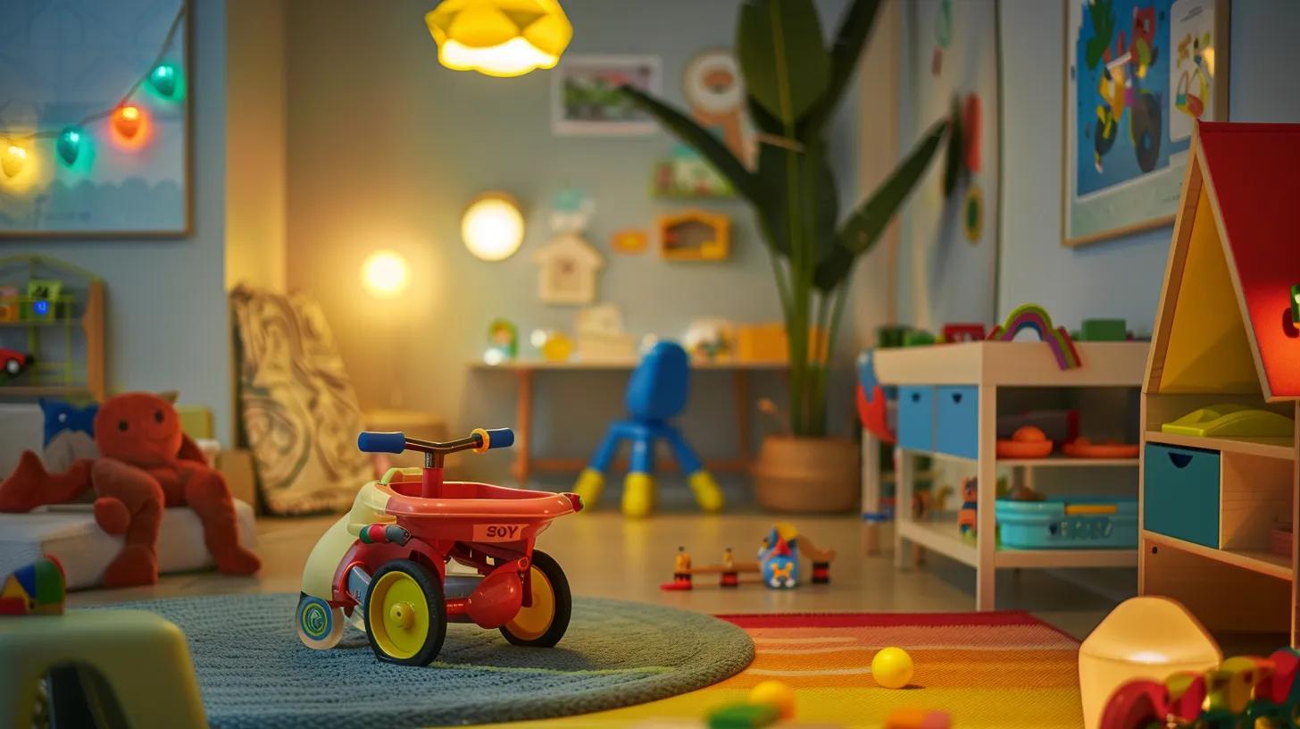 a brightly lit, modern children's playroom features a vibrant baby trike prominently displayed alongside illustrated age and weight guidelines, encapsulating the theme of safe and enjoyable childhood mobility.