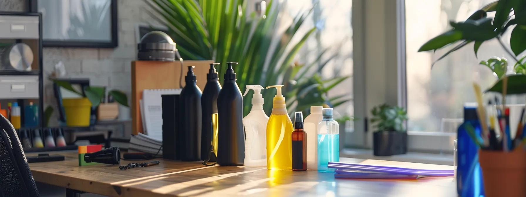 a brightly lit modern office workspace showcases an array of gentle, eco-friendly cleaning agents and tools neatly arranged beside a sleek cat laser toy, emphasizing the importance of safe cleaning methods for pet electronics. a brightly lit modern office workspace showcases an array of gentle, eco-friendly cleaning agents and tools neatly arranged beside a sleek cat laser toy, emphasizing the importance of safe cleaning methods for pet electronics.
