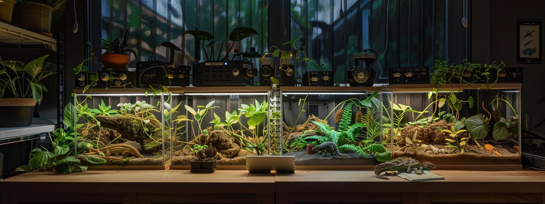 a brightly lit, modern reptile habitat setup showcasing various terrariums with controlled humidity gauges prominently displayed, emphasizing the critical role of humidity in supporting the health and well-being of the reptiles inside. a brightly lit, modern reptile habitat setup showcasing various terrariums with controlled humidity gauges prominently displayed, emphasizing the critical role of humidity in supporting the health and well-being of the reptiles inside.