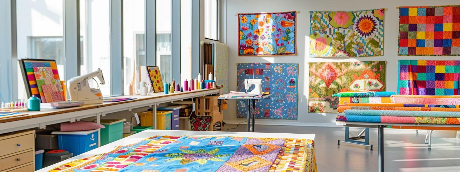 a brightly lit sewing studio features an array of colorful, neatly arranged patchwork quilt pieces on a modern workspace, showcasing simple geometric patterns that invite beginners to explore their creativity.