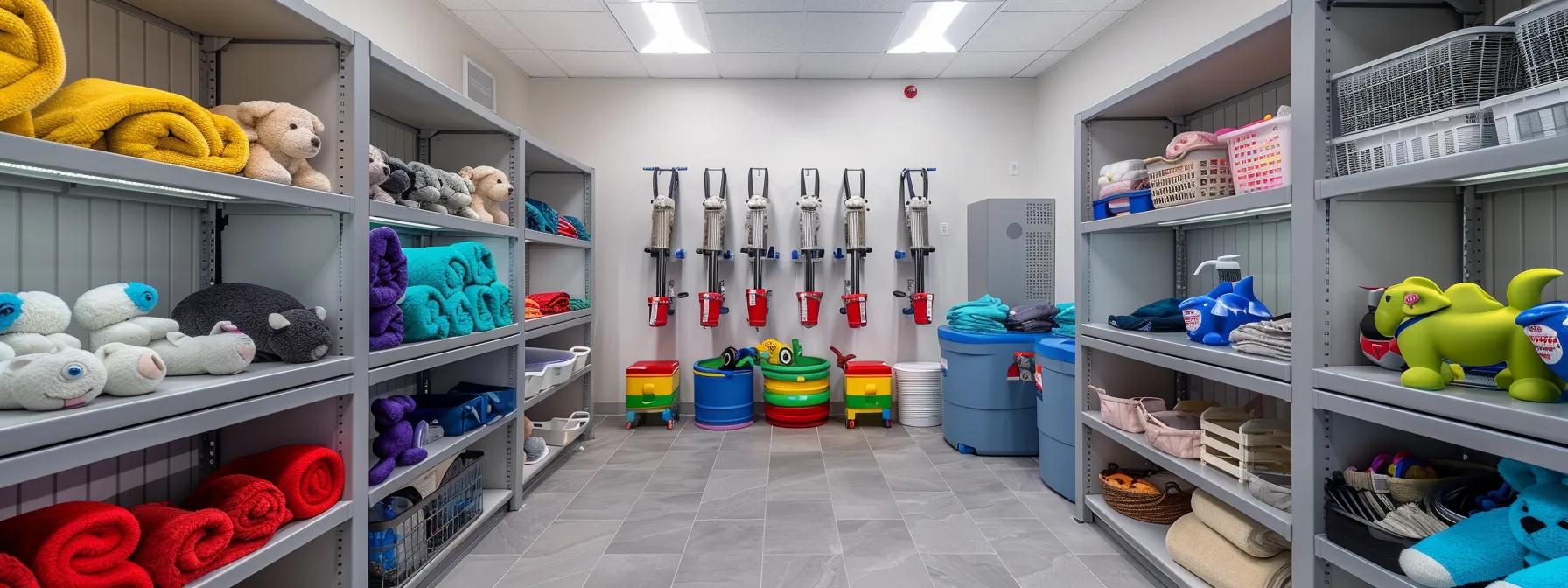 a brightly lit, tidy pet care room showcases a neatly organized collection of colorful plush dog toys, with a washing station equipped with cleaning supplies and a drying area, conveying an atmosphere of cleanliness and care for pet hygiene. a brightly lit, tidy pet care room showcases a neatly organized collection of colorful plush dog toys, with a washing station equipped with cleaning supplies and a drying area, conveying an atmosphere of cleanliness and care for pet hygiene.