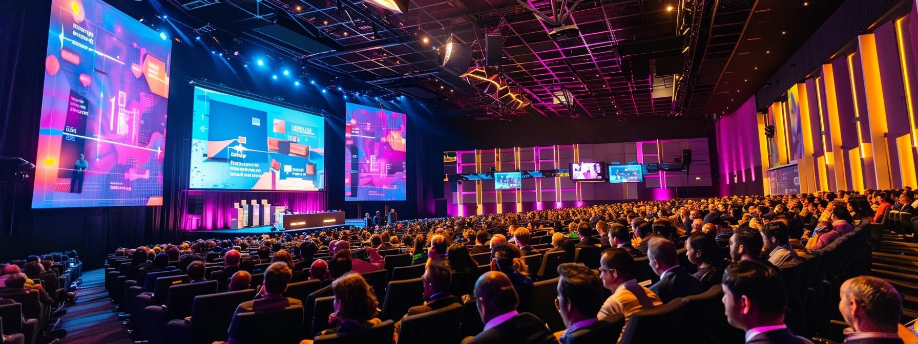 a bustling conference hall in australia showcases cutting-edge large led screens displaying vibrant visuals, surrounded by sophisticated av equipment and attentive audiences, under a crisp, professional atmosphere. a bustling conference hall in australia showcases cutting-edge large led screens displaying vibrant visuals, surrounded by sophisticated av equipment and attentive audiences, under a crisp, professional atmosphere.