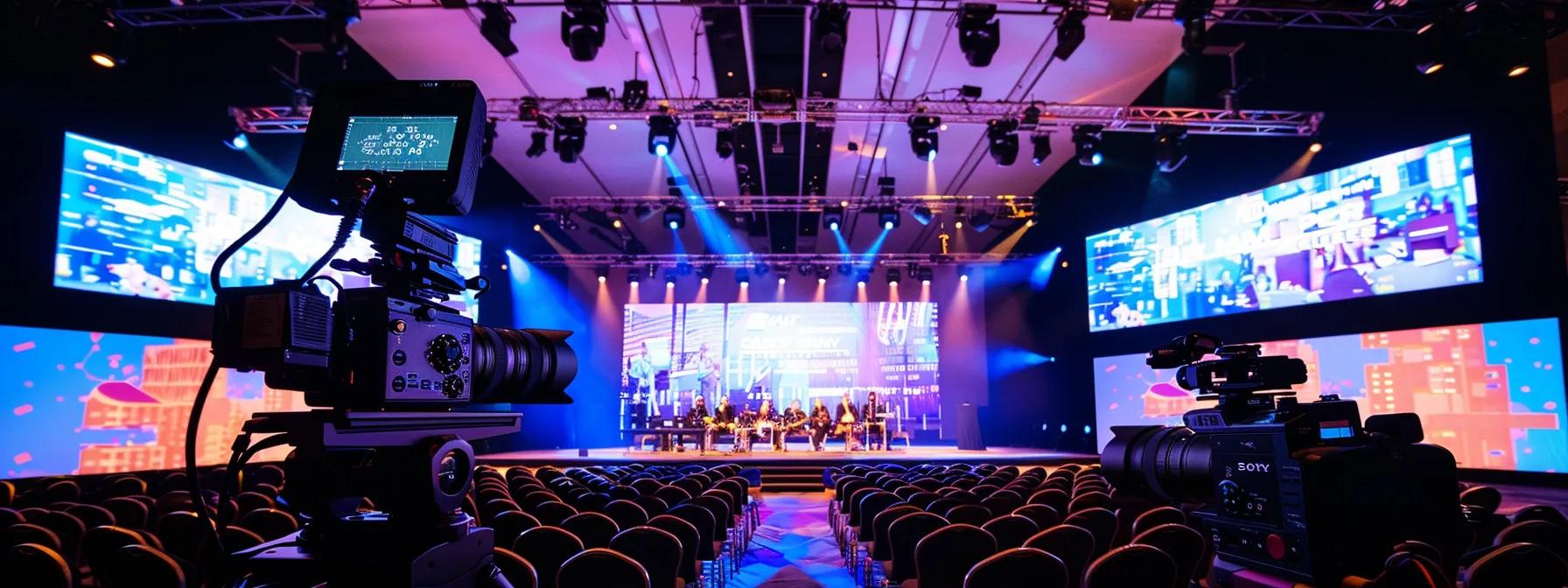 a bustling conference setup in australia showcases large, vibrant led screens displaying dynamic visuals, surrounded by sophisticated av equipment and cameras, under professional lighting that highlights the event's energetic atmosphere. a bustling conference setup in australia showcases large, vibrant led screens displaying dynamic visuals, surrounded by sophisticated av equipment and cameras, under professional lighting that highlights the event's energetic atmosphere.