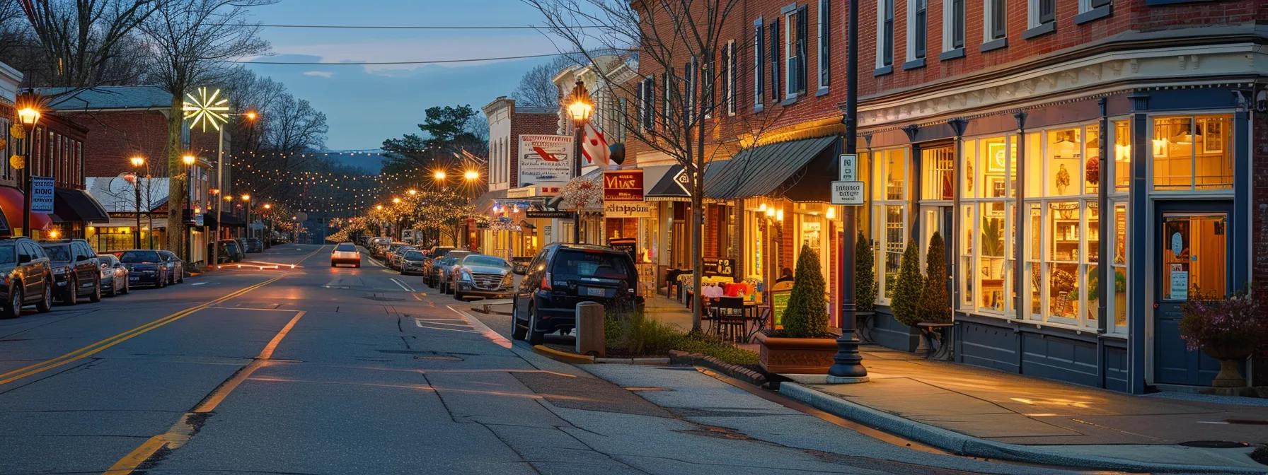 a bustling downtown blue ridge street scene showcases vibrant shopfronts, inviting diners on patios, and charming historic architecture under warm evening lights, capturing the essence of a lively small-town atmosphere. a bustling downtown blue ridge street scene showcases vibrant shopfronts, inviting diners on patios, and charming historic architecture under warm evening lights, capturing the essence of a lively small-town atmosphere.