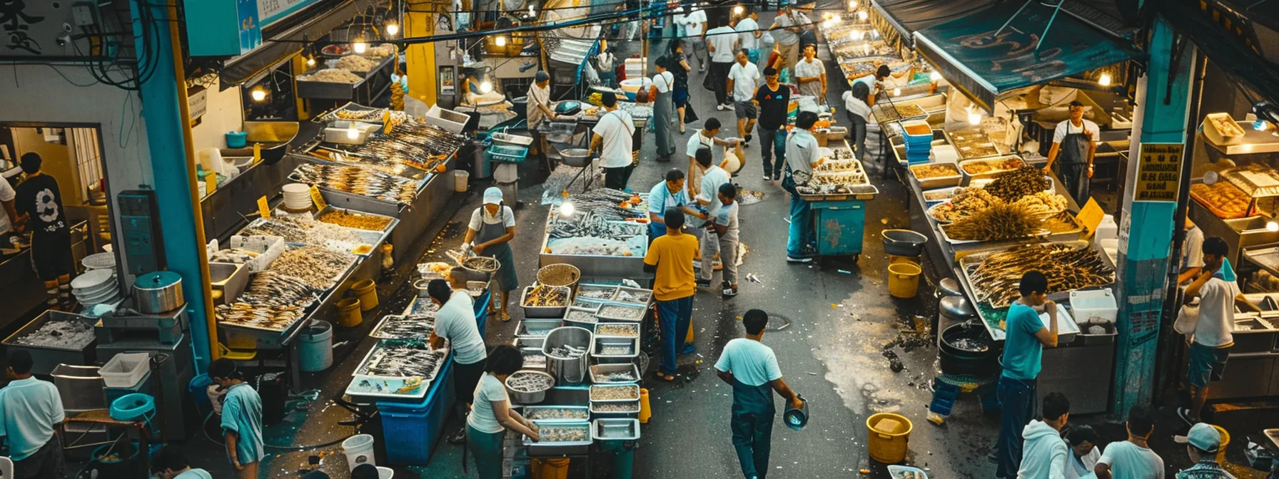a bustling fish market crowded with diverse seafood prices and fishermen negotiating over limited fishing quotas. a bustling fish market crowded with diverse seafood prices and fishermen negotiating over limited fishing quotas.