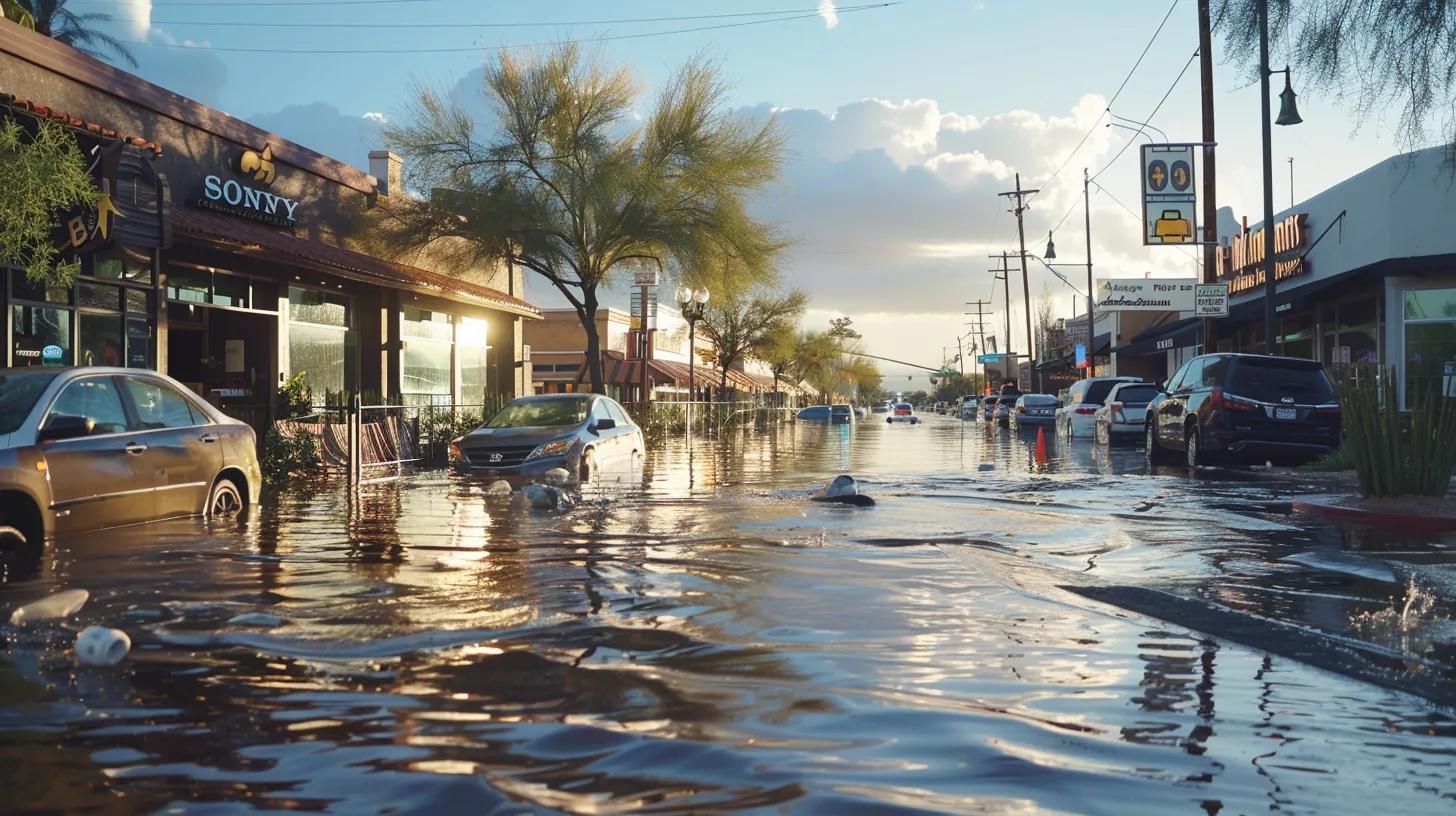 a bustling mesa urban landscape is depicted, showcasing cracked building exteriors and a vibrant street where residents utilize water extraction equipment amidst an intense downpour, highlighting the urgent need for effective water damage restoration services.