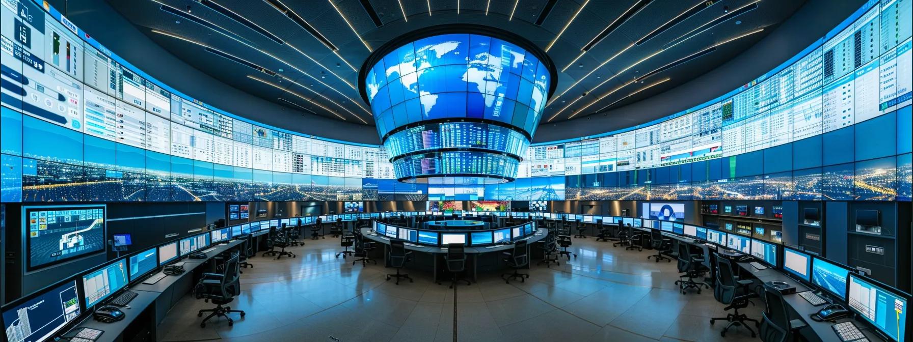 a bustling modern control room filled with large screens displaying real-time analytics and dynamic energy trading data, showcasing ai-driven technology enhancing the grid integration for solar plants amidst an urban backdrop. a bustling modern control room filled with large screens displaying real-time analytics and dynamic energy trading data, showcasing ai-driven technology enhancing the grid integration for solar plants amidst an urban backdrop.