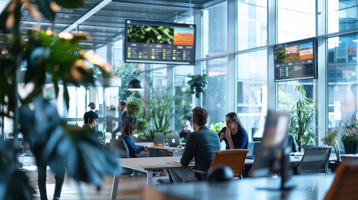 a bustling urban office environment shows professionals engaged in a heated discussion, surrounded by digital screens displaying customer reviews and ratings for landscapers, emphasizing the importance of feedback analysis in quality assurance.