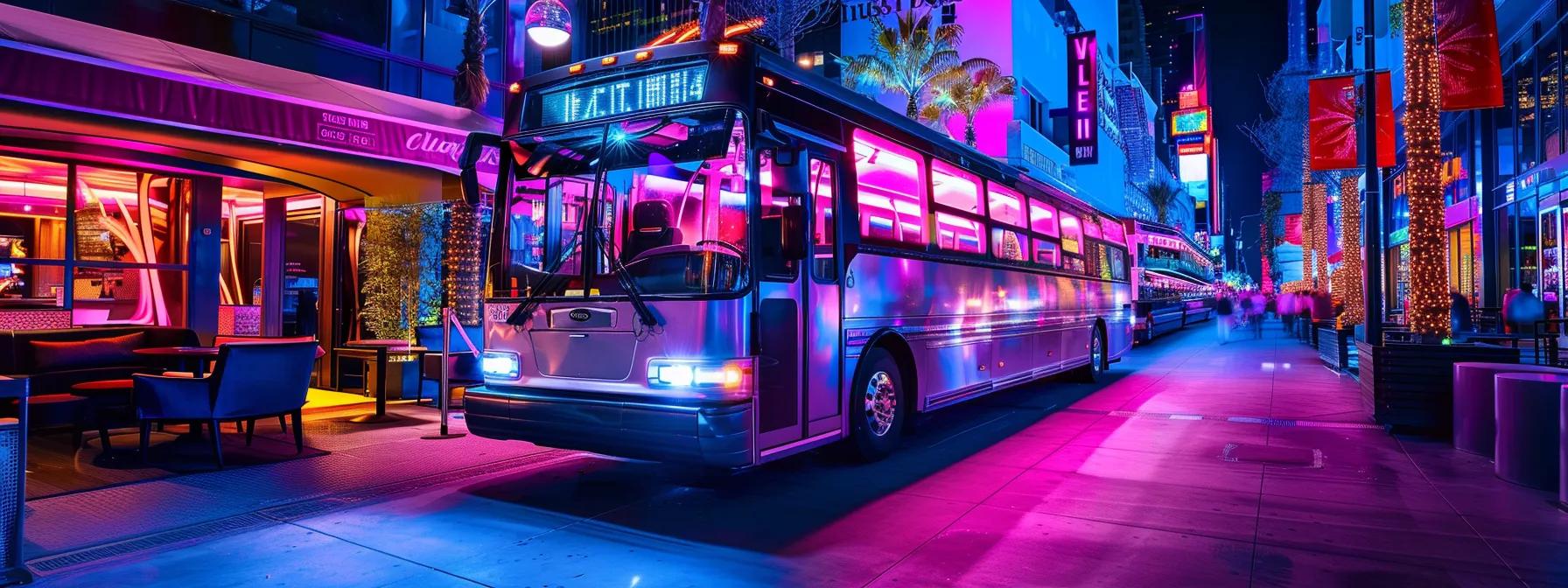 a bustling urban street scene showcases a stylish, oversized party bus parked outside a vibrant event venue, illuminated by colorful led lights, symbolizing the allure and excitement of premium amenities for celebratory bookings.