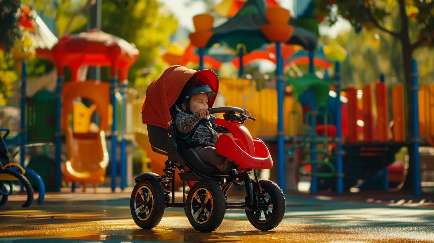 a captivating urban scene showcases a brightly coloured baby trike outfitted with a sleek helmet, stylish sunshade, and organised storage compartment, set against a vibrant playground backdrop, emphasising safety and convenience for young riders.
