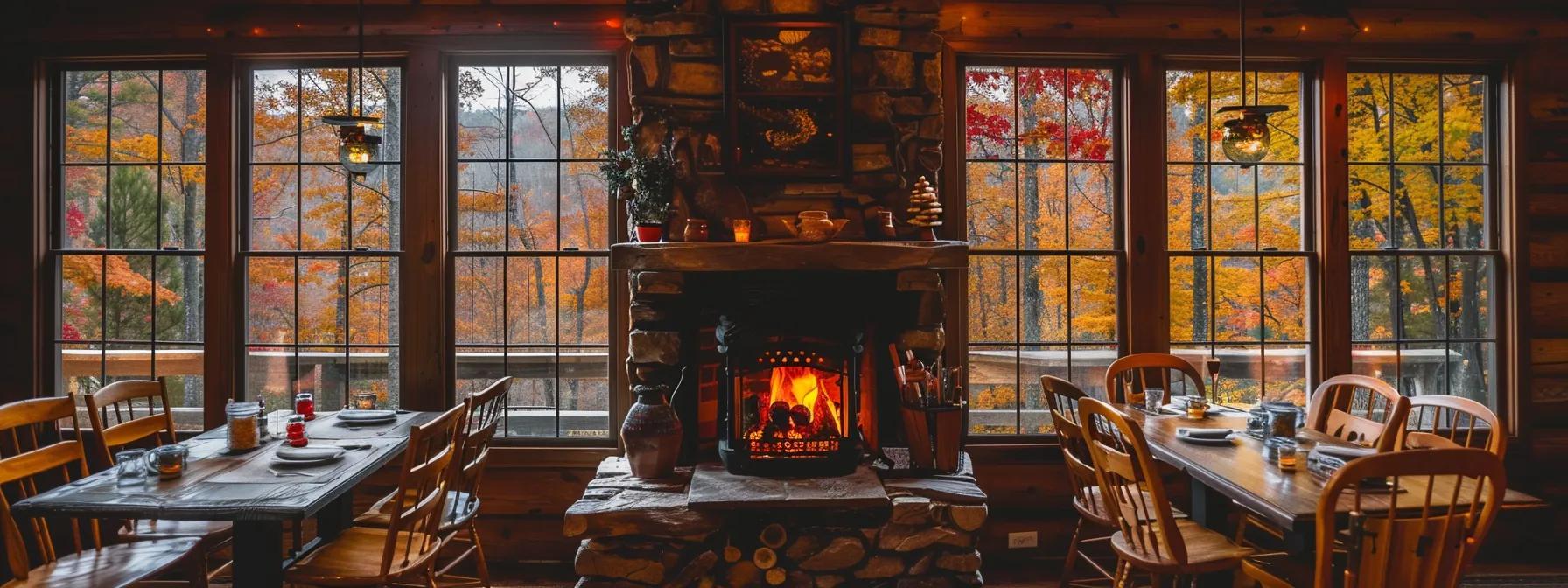 a charming lodge in blue ridge, georgia, exudes a romantic atmosphere with warm interior lighting, showcasing a rustic fireplace and elegantly set dining arrangements, inviting couples to enjoy a cozy getaway amidst brilliant autumn foliage visible through large windows.