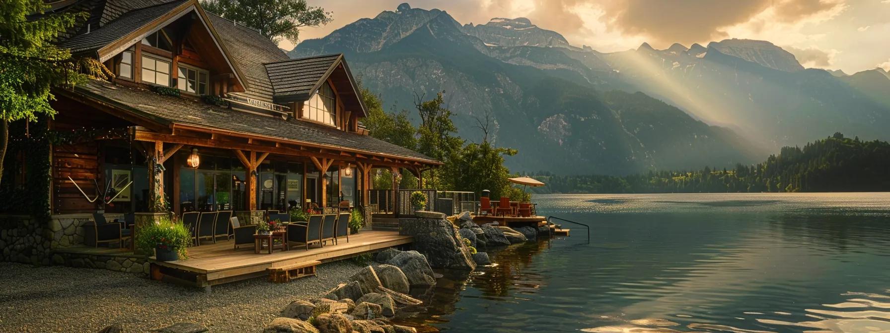 a charming lodge with rustic wooden architecture and cozy outdoor seating overlooks a peaceful lake, surrounded by majestic mountains, inviting guests to relax and savor the serene escape from daily life.