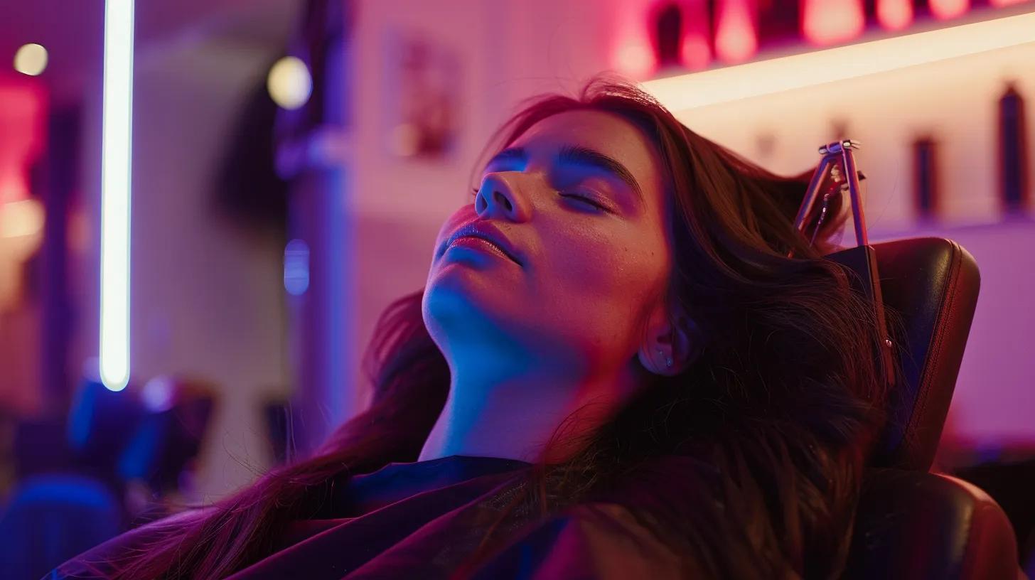 a close-up shot of a woman in a modern salon chair, visibly wincing in discomfort as she adjusts her clip-in hair extensions under the bright, fluorescent lights of an upscale salon, emphasizing the contrasting luxurious texture of the hair extensions against her troubled expression. a close-up shot of a woman in a modern salon chair, visibly wincing in discomfort as she adjusts her clip-in hair extensions under the bright, fluorescent lights of an upscale salon, emphasizing the contrasting luxurious texture of the hair extensions against her troubled expression.