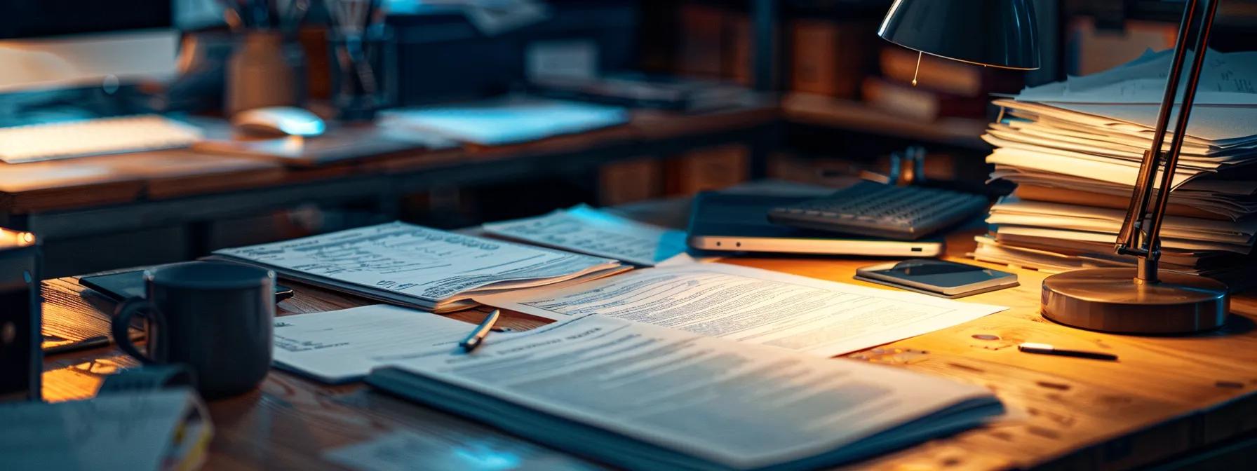 a close-up view of a modern office desk, cluttered with detailed documents showcasing intricate roof repair estimates and insurance claim forms, illuminated by focused desk lamps casting dramatic shadows in a sleek, urban workspace. a close-up view of a modern office desk, cluttered with detailed documents showcasing intricate roof repair estimates and insurance claim forms, illuminated by focused desk lamps casting dramatic shadows in a sleek, urban workspace.