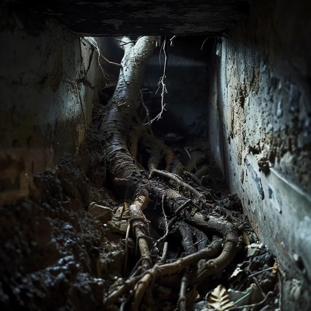 a close-up view of a severely damaged sewer line in a suburban basement, with prominent tangled tree roots visibly infiltrating the pipe, illuminated by harsh fluorescent lighting to emphasize the extent of the destruction.