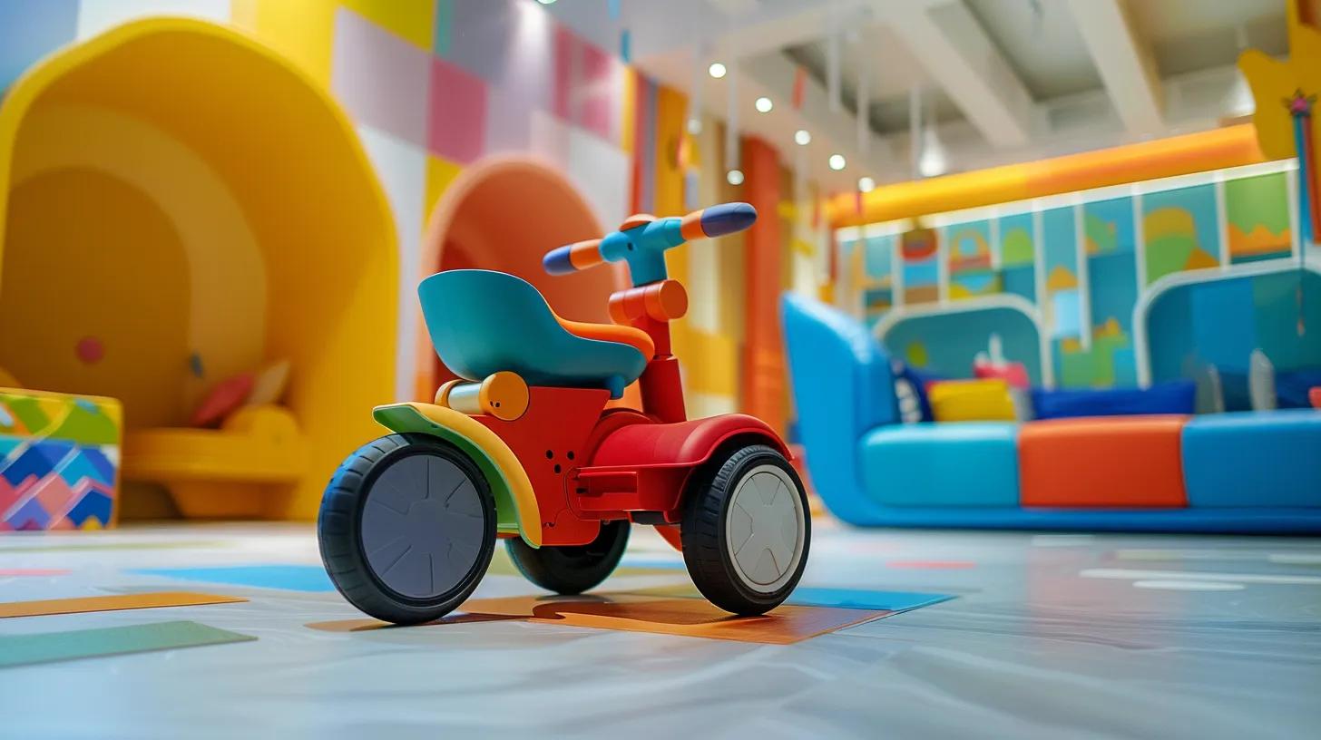 a close-up view of a brightly coloured baby trike in a modern indoor playroom, showcasing its robust safety features like secure seatbelts and sturdy brakes, set against a backdrop of playful decor that conveys a sense of safety and fun for young children.