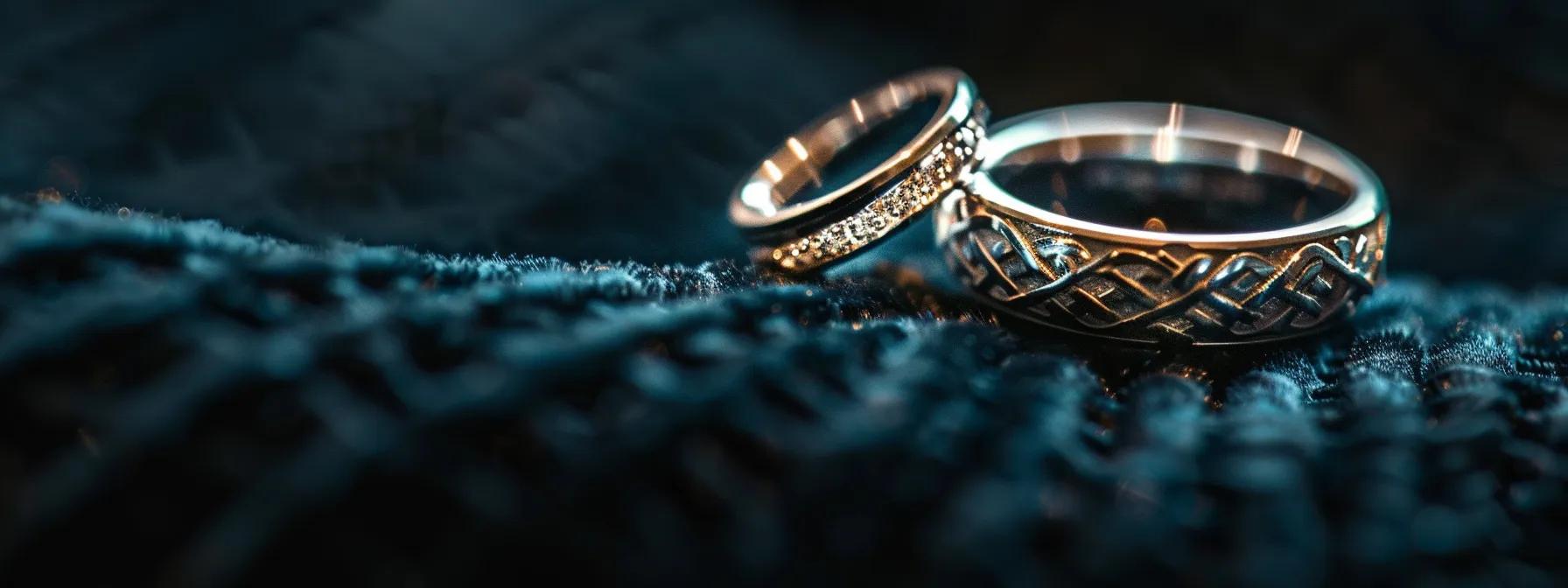 a close-up view of an intricately designed wedding ring on a sleek black velvet display, showcasing its shimmering finishes and unique features, illuminated by soft, focused lighting that emphasizes the craftsmanship and elegance of the piece.