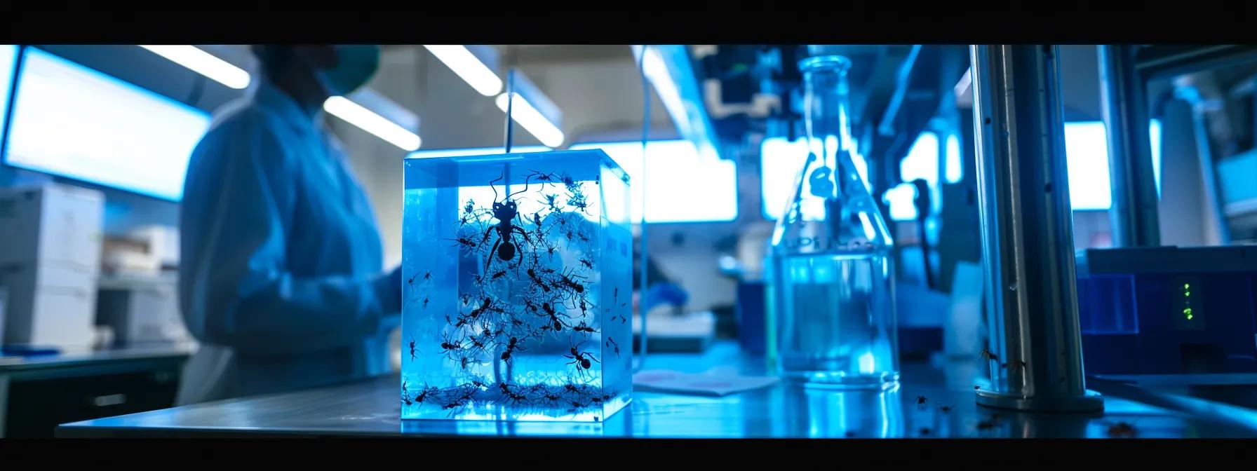 a close-up of a high-tech ant cube in a sleek, modern laboratory, illuminated by focused overhead lights, showcasing active ants navigating through transparent tunnels, while a researcher observes behavior patterns on a digital tablet, emphasizing the meticulous monitoring of colony health. a close-up of a high-tech ant cube in a sleek, modern laboratory, illuminated by focused overhead lights, showcasing active ants navigating through transparent tunnels, while a researcher observes behavior patterns on a digital tablet, emphasizing the meticulous monitoring of colony health.