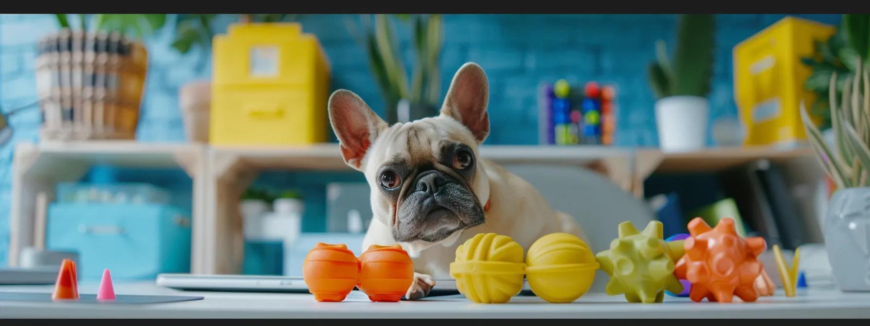 a close-up of a robust, non-toxic chew toy displayed prominently on a sleek office desk, surrounded by colorful product packaging and safety feature icons, emphasizing durability and pet health in a modern pet supply setting.
