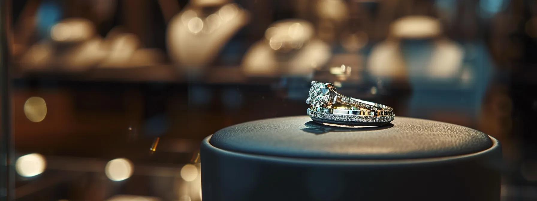 a close-up shot of an elegantly designed, eye-catching ring displayed on a sleek glass surface in a contemporary jewelry store, illuminated by soft, focused lighting that highlights its craftsmanship and intricate details.
