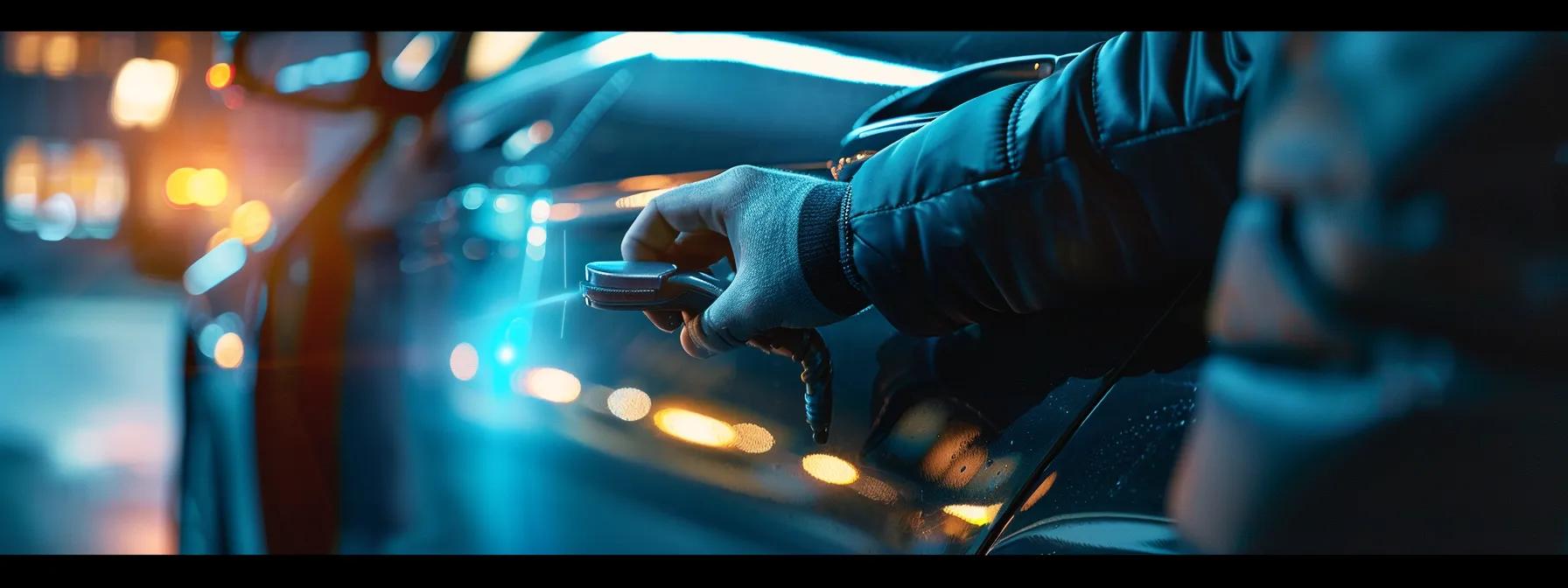 a close-up view of a sleek, modern car with a professional locksmith using advanced tools to unlock the vehicle's door, set against an urban backdrop of hot springs, showcasing the urgency and expertise of auto locksmith services.