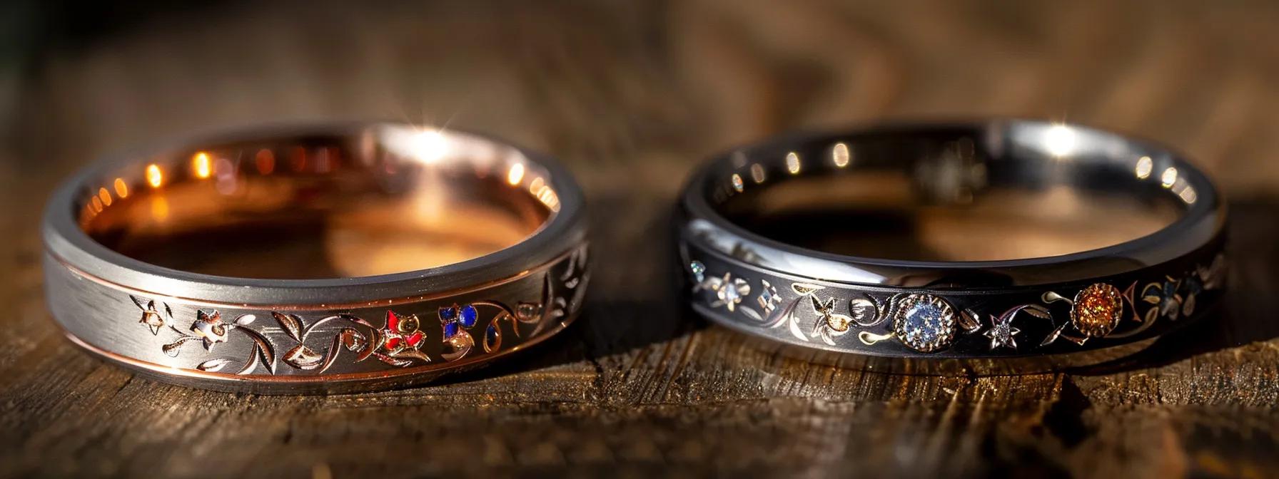 a close-up shot of two beautifully customized wedding bands resting on a polished wooden surface, showcasing intricate engravings and vibrant gemstone accents that reflect the couple's unique love story. a close-up shot of two beautifully customized wedding bands resting on a polished wooden surface, showcasing intricate engravings and vibrant gemstone accents that reflect the couple's unique love story.