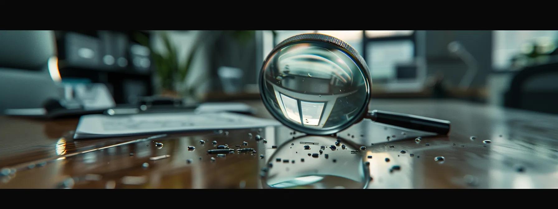 a close-up view of a well-organized office space, featuring a magnifying glass examining droppings on a polished desk surface, emphasizing the urgent need for rodent infestation awareness in pest control.
