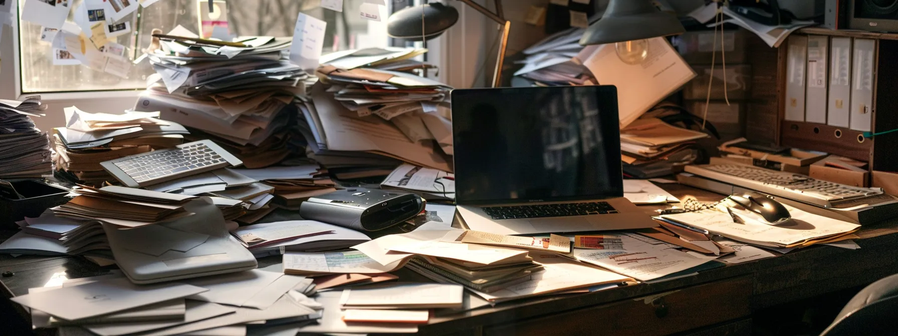 a cluttered desk with overflowing piles of papers and a laptop, surrounded by stacks of unopened emails, showcasing the chaos of manual email management in need of automation. a cluttered desk with overflowing piles of papers and a laptop, surrounded by stacks of unopened emails, showcasing the chaos of manual email management in need of automation.