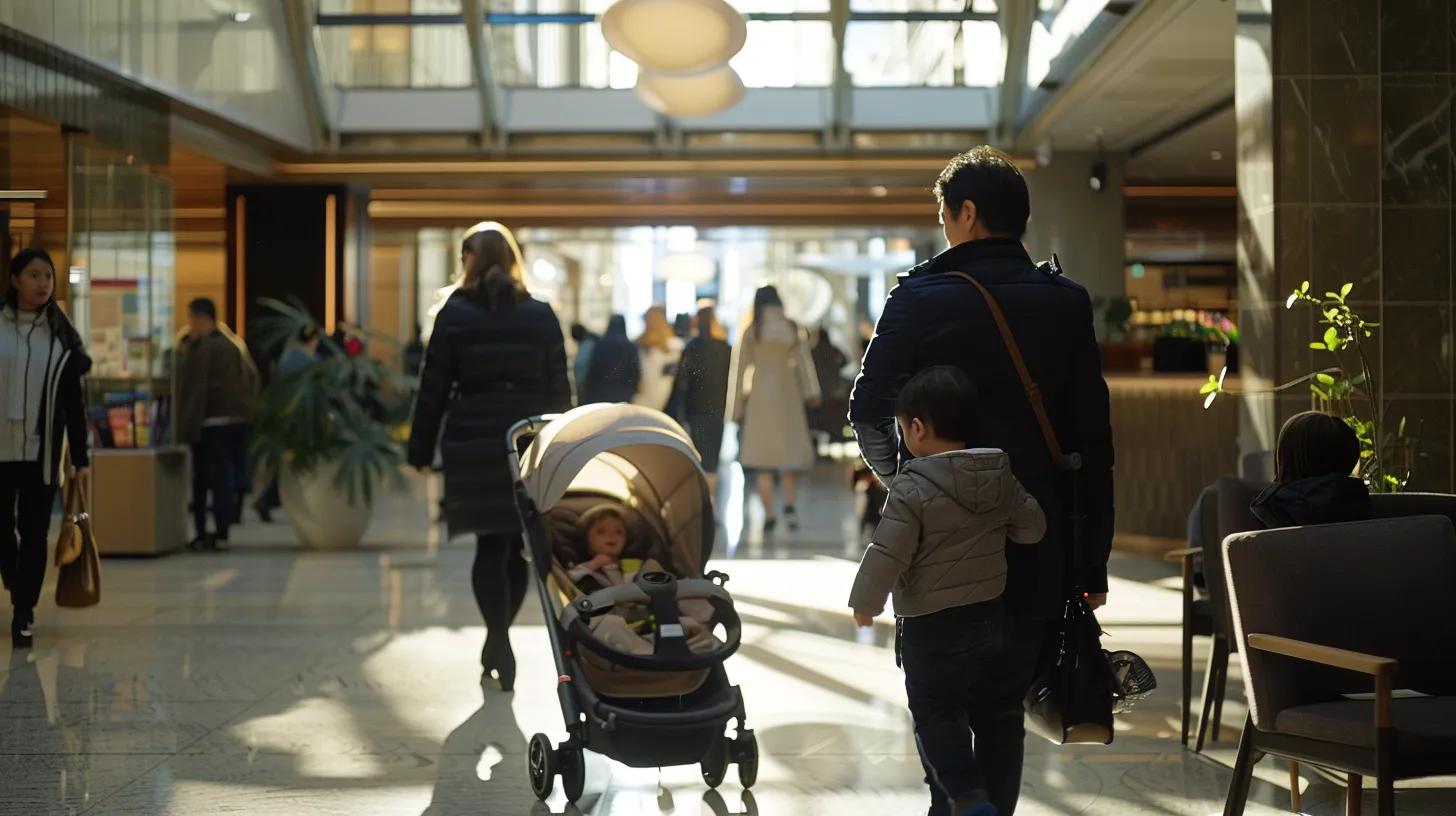 a compact travel system smoothly navigates a bustling urban hotel lobby, showcasing its sleek design as parents effortlessly manoeuvre through the crowd with ease and confidence.