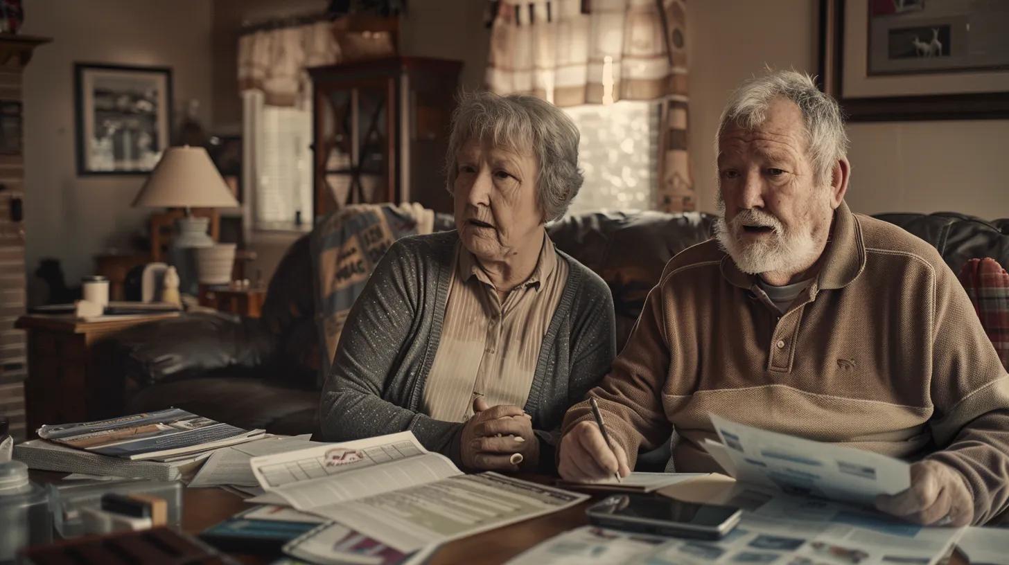 a concerned elderly couple sits in a well-lit living room, surrounded by documents and mold awareness materials, as they engage in a serious discussion about the health risks of mold exposure prevalent in their mesa, az home.