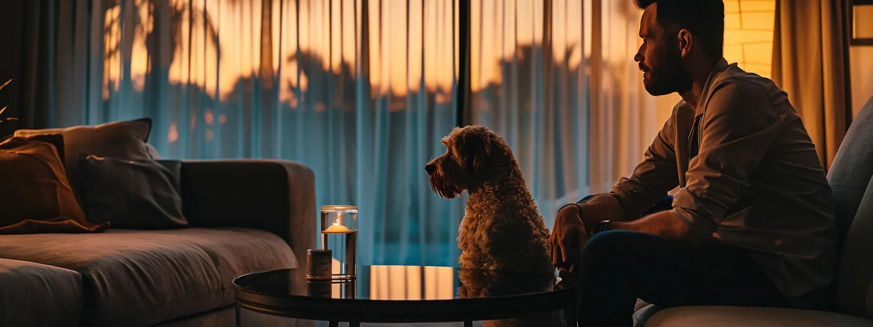 a concerned pet owner sits in a modern living room, observing their thirsty dog next to an empty water bowl, illuminated by soft, warm indoor lighting that highlights the dog’s parched expression.