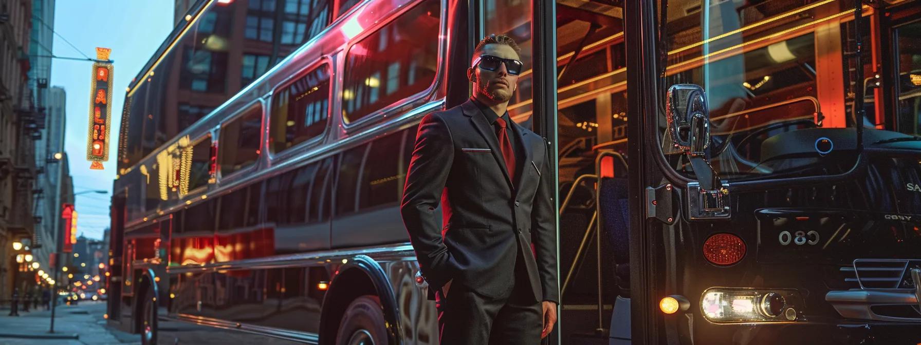 a confident party bus driver, dressed in a sharp uniform, stands beside a sleek, modern party bus in an urban setting, embodying the significance of rigorous training and professionalism for passenger safety.