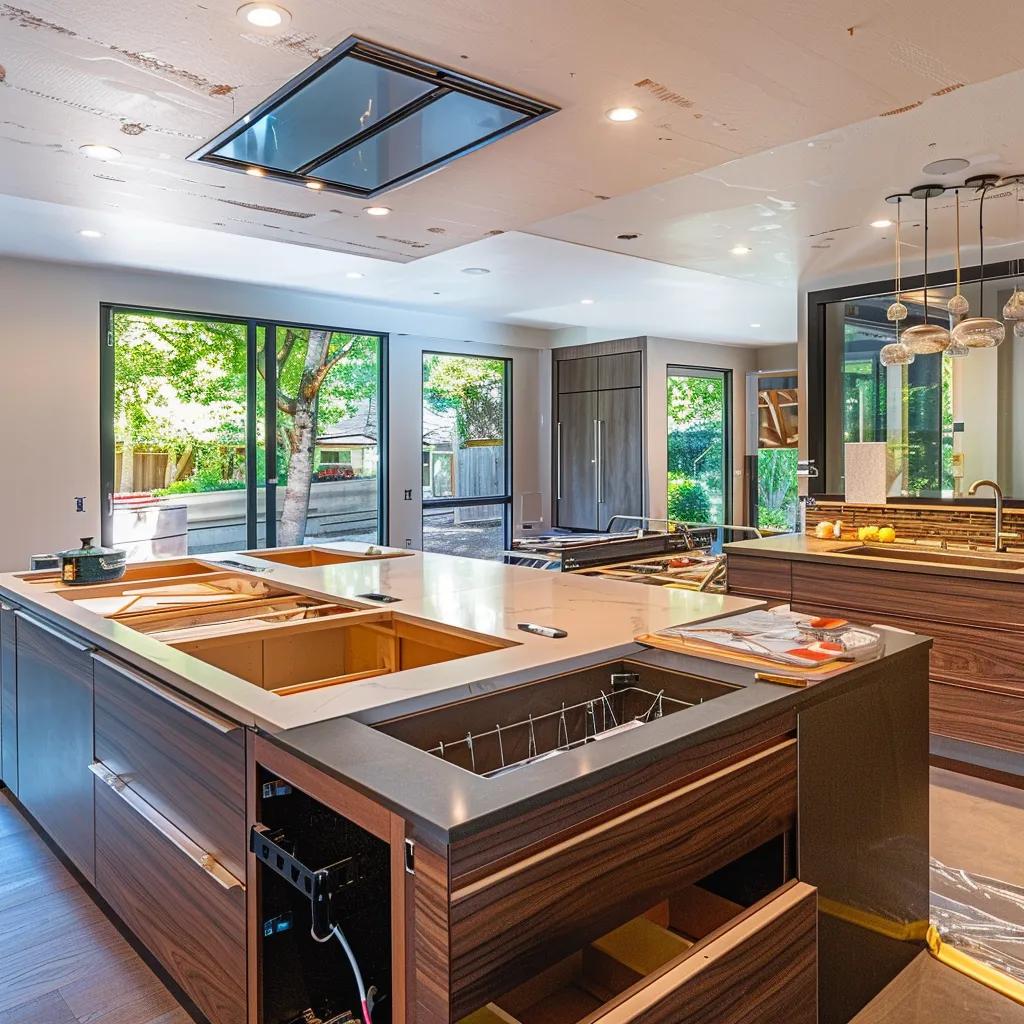 a contemporary kitchen in the midst of a stylish remodel, showcasing sleek cabinetry, exposed appliances, and a variety of materials being evaluated on a polished countertop under bright, focused overhead lighting, emphasizing the complexity of cost factors in kitchen renovation.