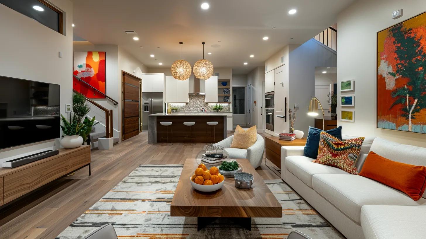 a contemporary living space showcases sleek furniture and trendy decor elements, featuring an open layout with bold colors and innovative design touches that embody the latest home design trends.