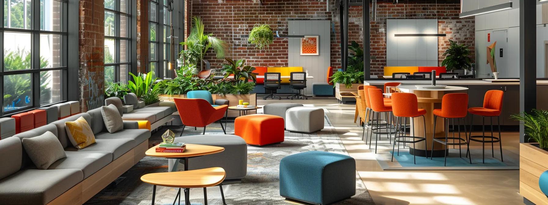 a contemporary office space showcases vibrant custom furniture and flexible layouts, seamlessly designed to promote collaboration and creativity among diverse professionals in a bustling urban environment. a contemporary office space showcases vibrant custom furniture and flexible layouts, seamlessly designed to promote collaboration and creativity among diverse professionals in a bustling urban environment.